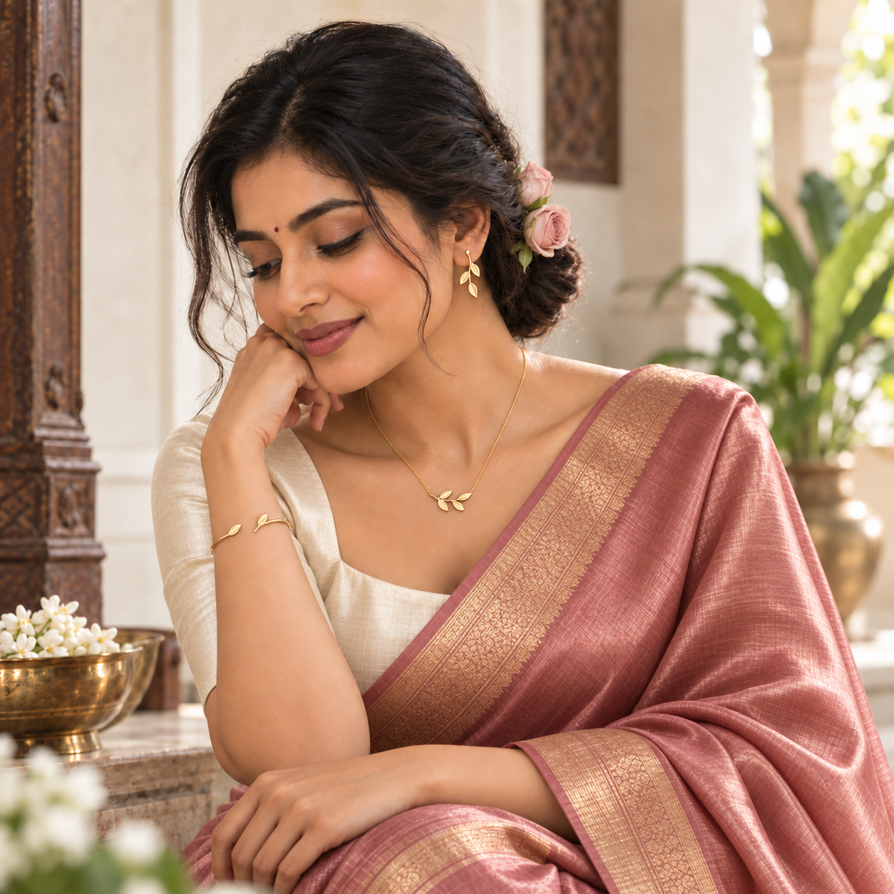 AI-created campaign portrait of a woman in a dusty rose sari wearing delicate gold jewellery