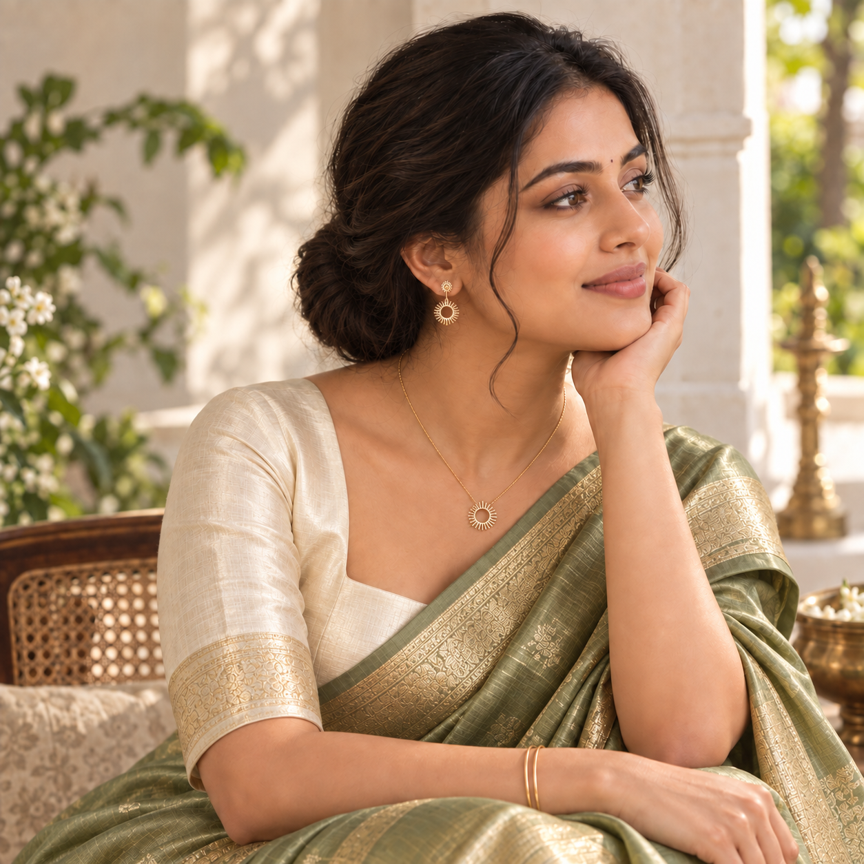 AI-created campaign portrait of a woman in a sage sari wearing delicate gold jewellery