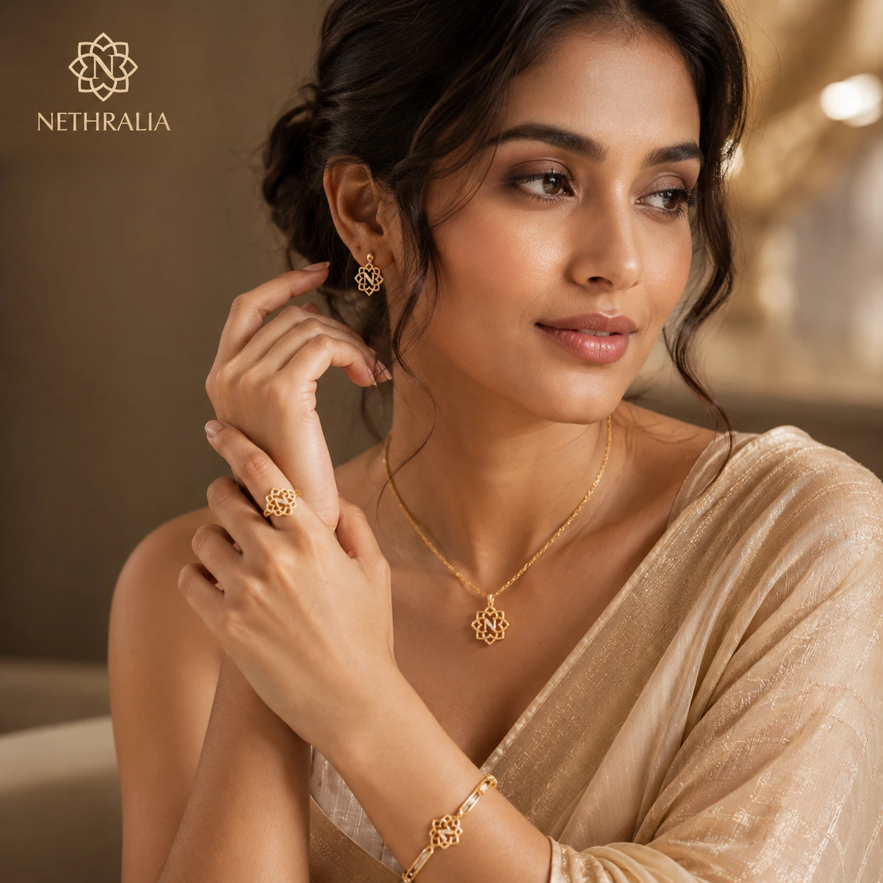 AI campaign portrait showing coordinated gold jewellery