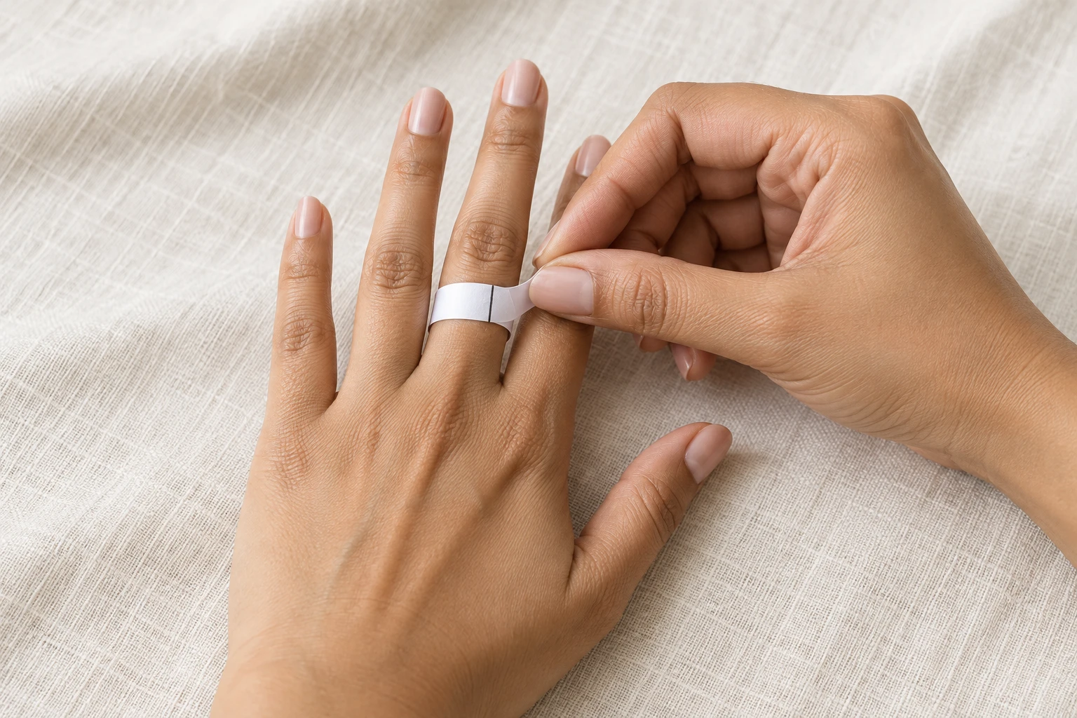 Woman gently holding a paper measuring strip around the base of a finger